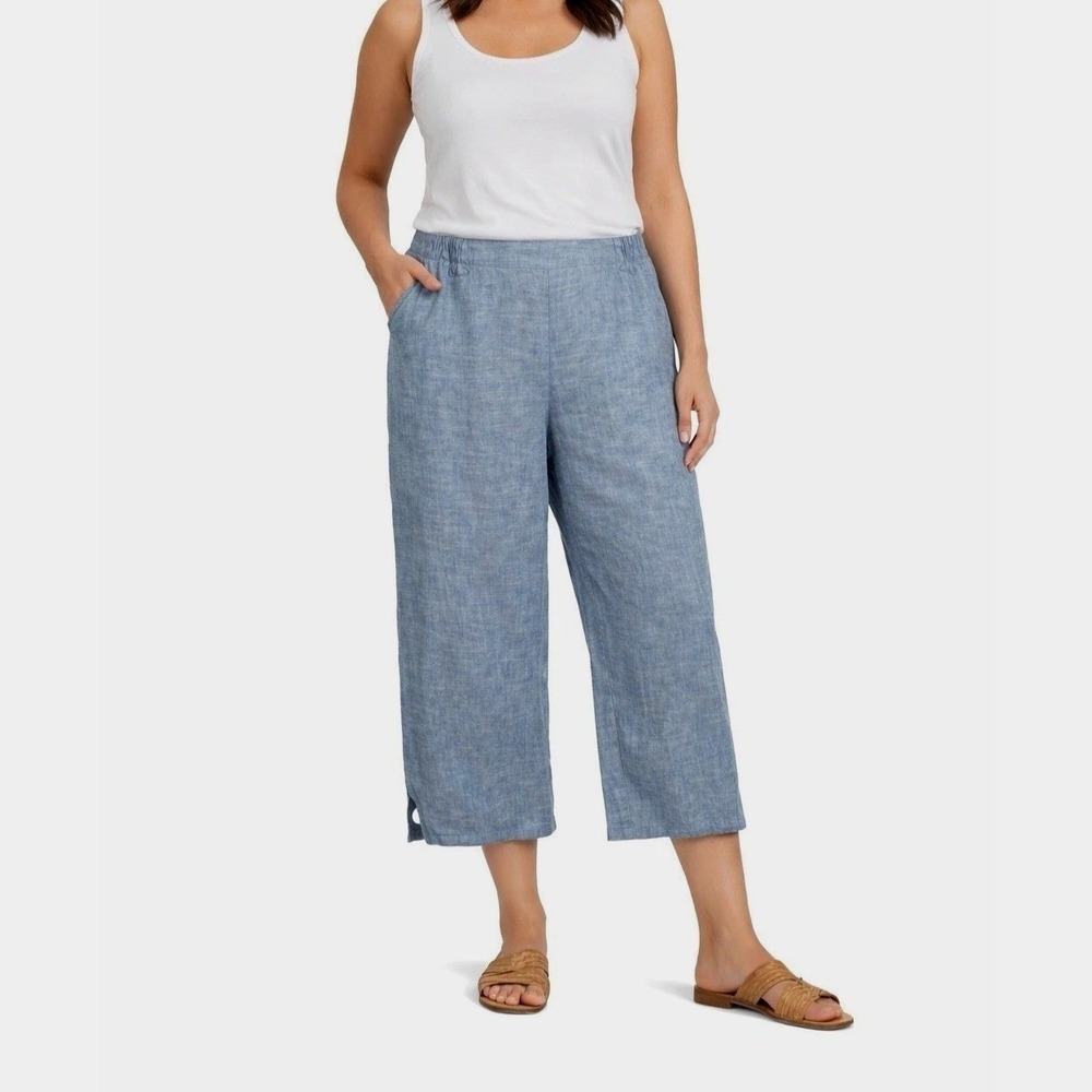 Catherines Linen Blend Capri Pants Womens Size 2X Blue Elastic Waist Coastal